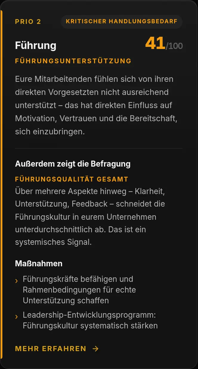 Handlungsfeld Prio 2: Führung 41 von 100, kritischer Handlungsbedarf, Führungsunterstützung mit zwei Maßnahmen (Beispieldaten)