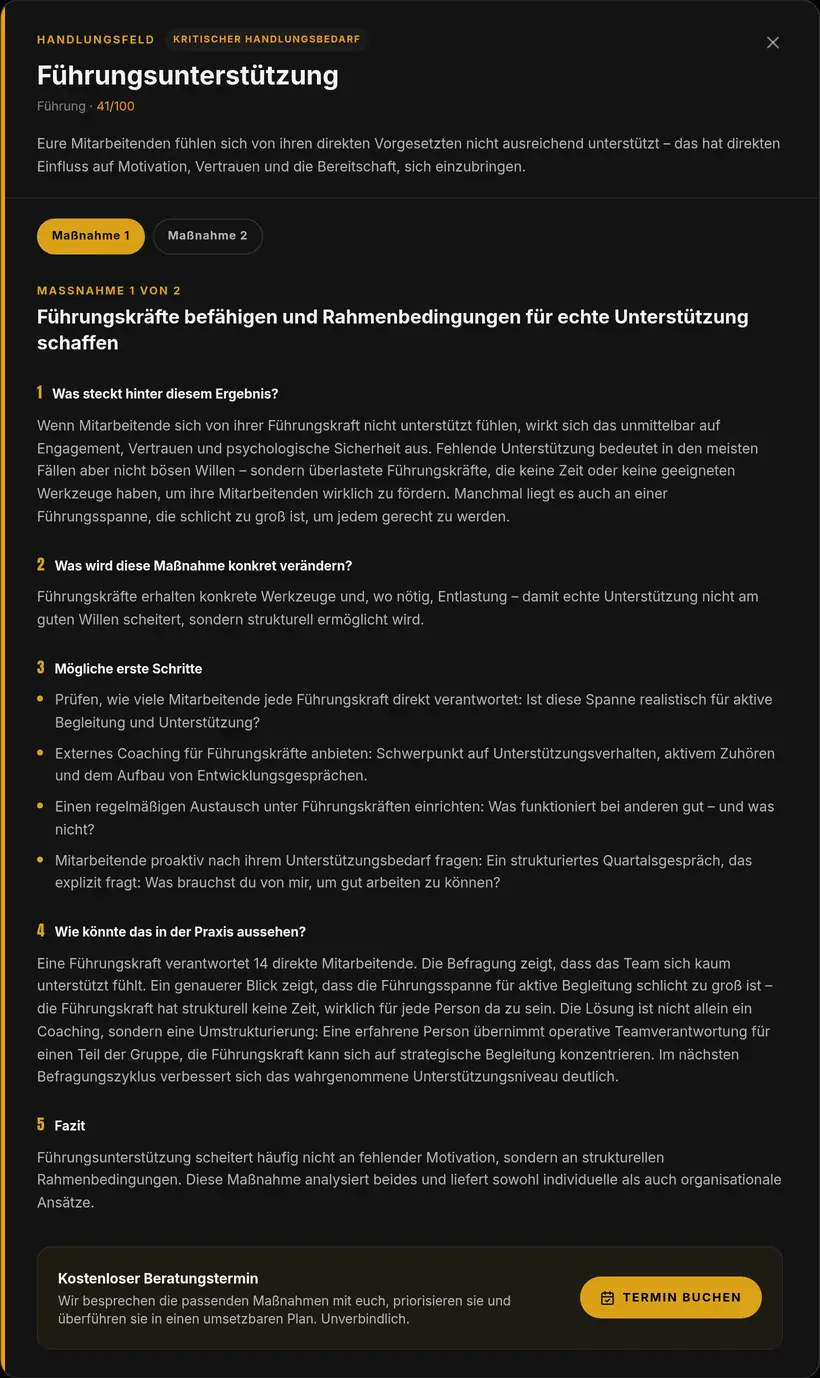 Maßnahmen-Detail Führungsunterstützung: was hinter dem Ergebnis steckt, was sich ändert, erste Schritte, Praxisbeispiel und Fazit (Beispieldaten)