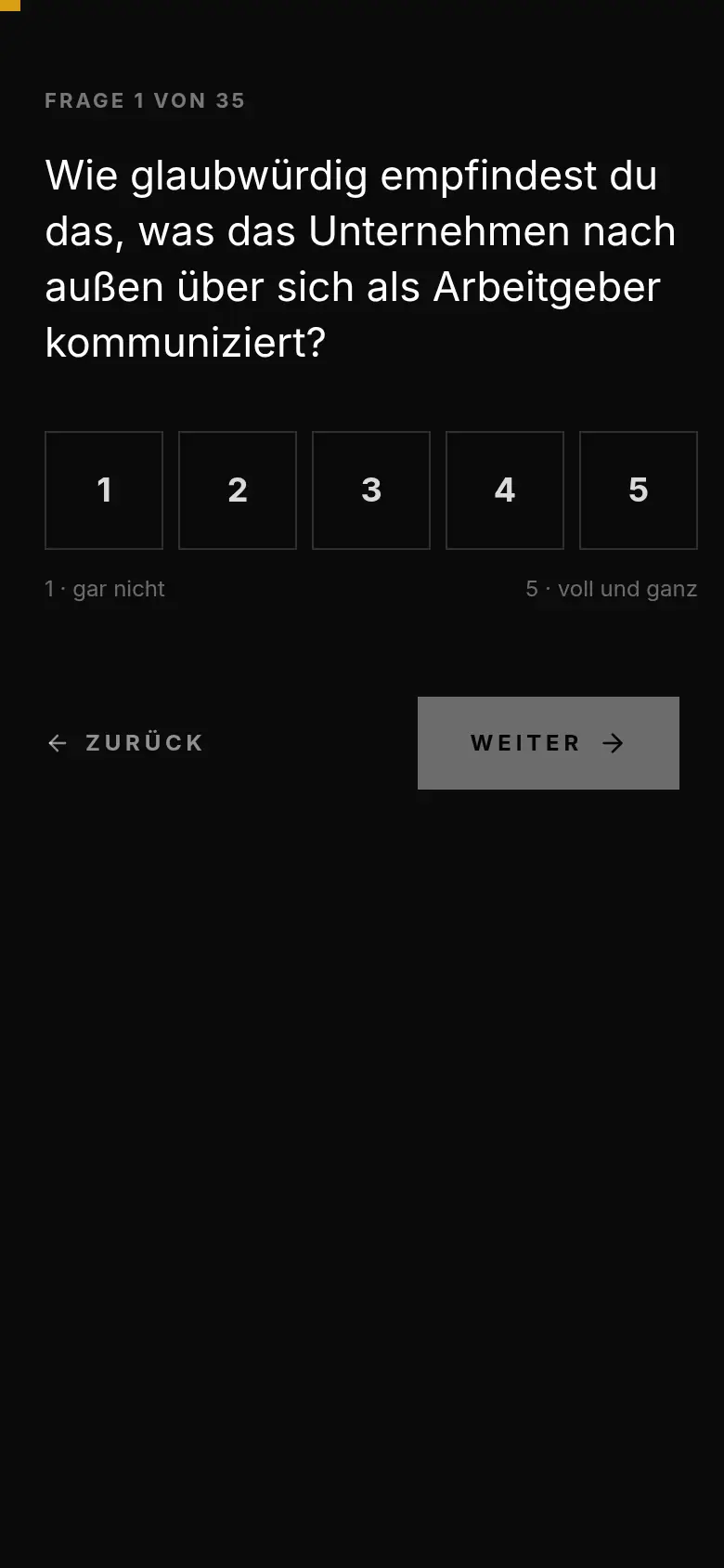Befragung auf dem Handy: Frage 1 von 35 mit Skala 1 bis 5 (Beispiel)